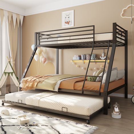 Lit superposé en métal 90x200 & 140x200 cm avec lit escamotable 90x190 cm, lit familial supportant jusqu'à 550 kg, 3 couchages, avec échelle inclinée et barrière de sécurité, noir. (1/5)