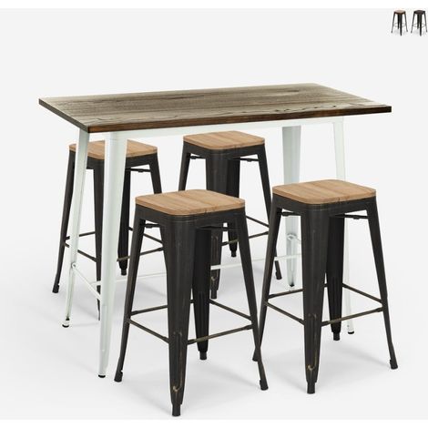 mesa alta de bar blanca 120x60 4 taburetes industrial navarro - Natural (1/5)