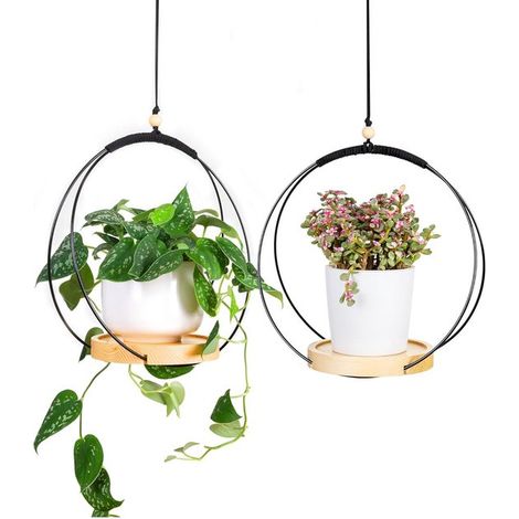 2 colgadores de macramé para plantas con estante de madera,Soporte para macetas y jardineras,Soporte colgante para plantas (1/5)