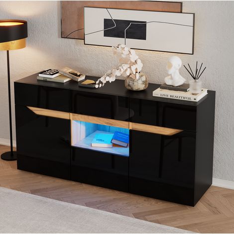 Buffet 140x40x70 cm noir et bois en panneaux de particules avec 4 tiroirs, 2 portes et éclairage LED (1/5)