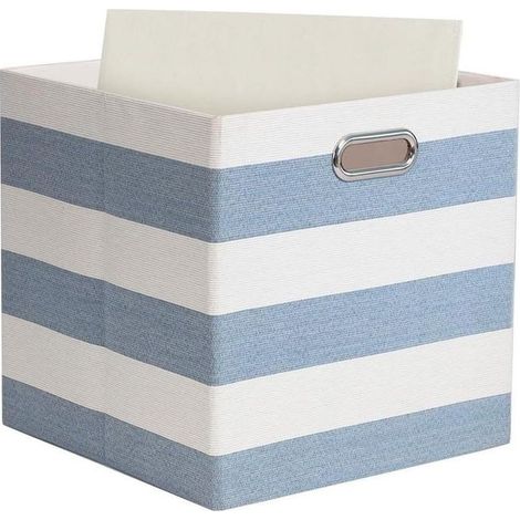 1 bac de rangement pliable avec poignées en métal, cube de rangement en tissu, pour étagères, placards, armoires, bibliothèques, 33 x 33 x 33 cm (bleu et blanc) (1/4)