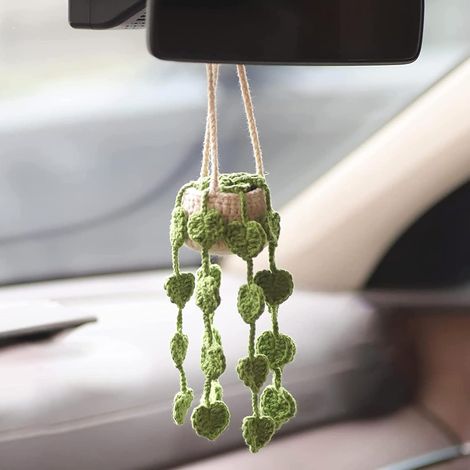 Bonito espejo retrovisor de coche con planta de ganchillo - colgador de espejo retrovisor bohemio hecho a mano para mujeres y niñas - decoración estética verde (1/5)