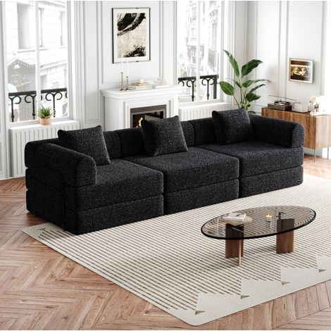 Canapé convertible noir en chenille avec rangement d’accoudoir et configurations modulables (1/5)