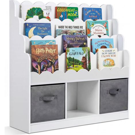 Bibliothèque Enfant Montessori à 4 Niveaux avec 3 Compartiments, Étagère à Livres 2 Tiroirs Tissu, Meuble Rangement Jouet Salle Jeux, 90x30x91,5cm (1/5)