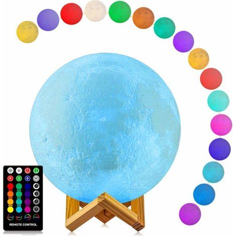 Veilleuse LED 16 couleurs pour enfants, lampe lune imprimée en 3D avec support, télécommande/commande tactile et minuterie, 24,4 cm. (1/5)