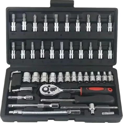 Kit di attrezzi per riparazioni auto da 46 pezzi, set di chiavi a bussola multiuso, nero (1/2)