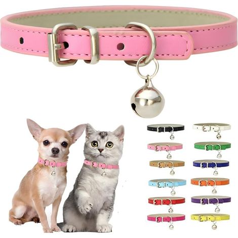 Collier rose pour chaton avec clochette, collier en cuir synthétique XXS pour petits chiens, collier souple avec clochette et boucle réglable pour petite tasse à thé, XS pour petites filles, chats (1/5)