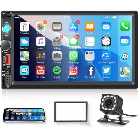 2 Din Autoradio avec Bluetooth, Écran Tactile de 7 Pouces Post Radio Voiture avec Mirrorlink, Radio FM, Partage Vidéo, EQ, USB/Type-C/AUX, Rétroéclairage Couleur, Prise en Commandes au Volant (1/5)