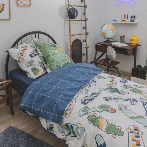Parure de Lit Imprimé Floral Housse de Couette 200x200cm + 2 Taies d'Oreiller 63x63cm coton motif stakeboard - STREET (1/5)