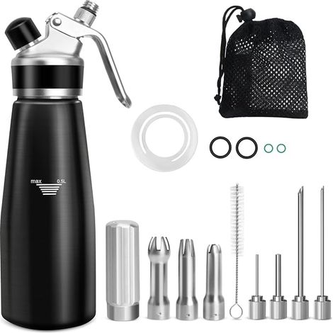 Chantilly Siphon, 500 ml Chantilly Siphon for Mousses and Creams, Cakes and Desserts, Cream Syphon with 4 Injector Tips, 3 Stainless Steel Nozzles, Mesh Bag, Cleaning Brush (1/5)