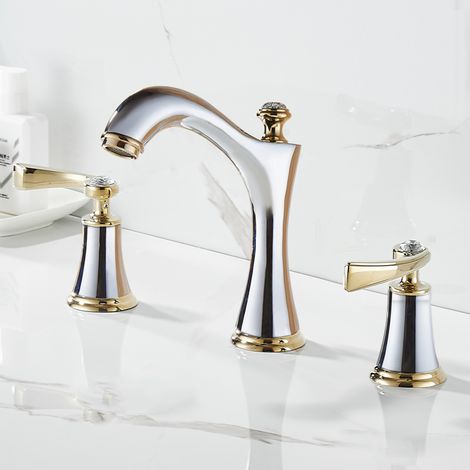 Robinet de Lavabo 3 Trous Séparé, Double Poignée, Mitigeur Eau Froide et Chaude, Salle de Bain (1/4)