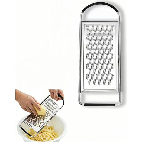 Râpe manuelle plate en acier inoxydable avec poignée ergonomique antidérapante ustensile polyvalent pour trancher ou râper pommes de terre, légumes, beurre, chocolat et fruits à coque (1 pièce). (1/5)