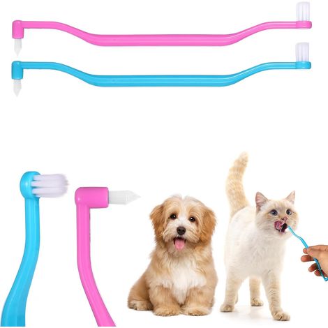 2pcs - Brosse à Dents Chat - Accessoire Soins Dentaires - Double Face et Poignée Incurvée - Pour Réduire Tartre et Mauvaise Haleine - Bleu et Rose - 16,5cm (1/5)