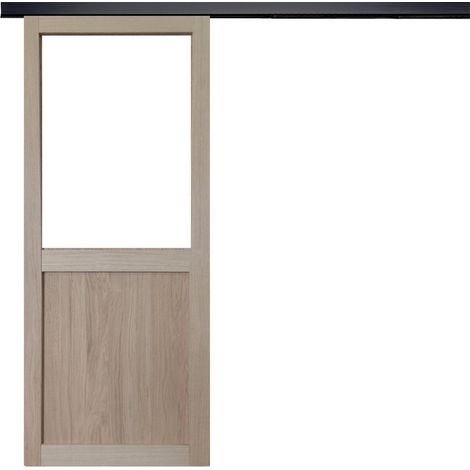 Porte Coulissante Atelier placage chene Vitree H204 x L73 + Rail Alu bandeau noir (1/5)