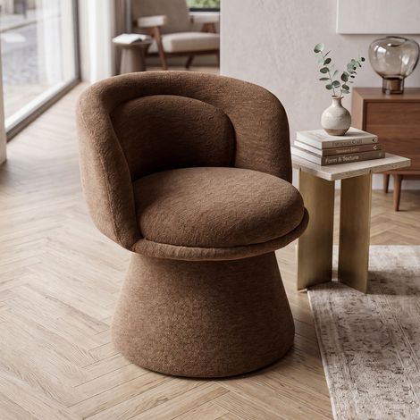 Wahson Fauteuil de Salon Confortable en Chenille, Fauteuil d'Appoint Scandinave Rotation à 360°, Chaise de Salon Élégant Pieds Robuste, pour Coiffeuse Chambre Lecture, Marron