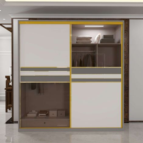 Luxury 2-Door Sliding Wardrobe with Glass Panels, Dual LED & Golden Trim - White200cm (1/4)
