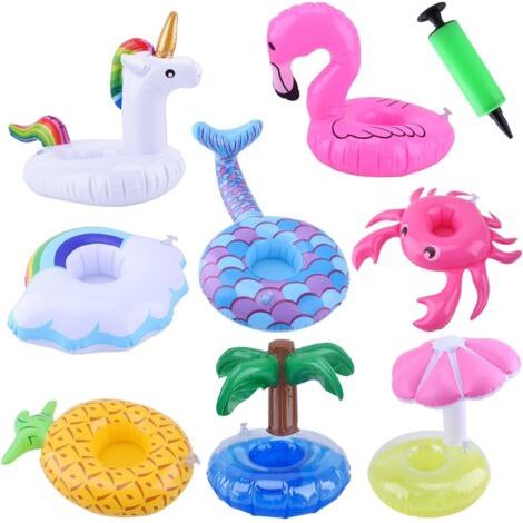 Flotteurs de boissons gonflables, lot de 8 porte-boissons gonflables, sous-verres, porte-boissons de natation avec pompe à air pour fête à la piscine d'été (1/5)