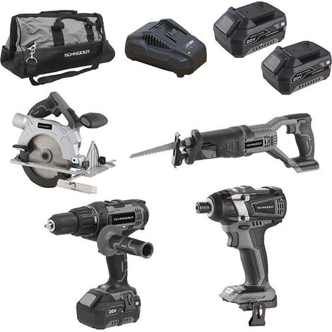 Schneider – Pack d'outils électroportatifs 20V – 1 perceuse, 1 scie circulaire, 1 visseuse à choc, 1 scie sabre – 2 batteries 4Ah et sac de transport inclus (1/3)