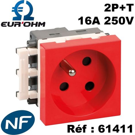1 à 4 prises de courant 45x45 2P+T clipsables rouges pour goulottes - Type de prises (sans détrompeur) - Bloc 2 prises 2P+T associées
