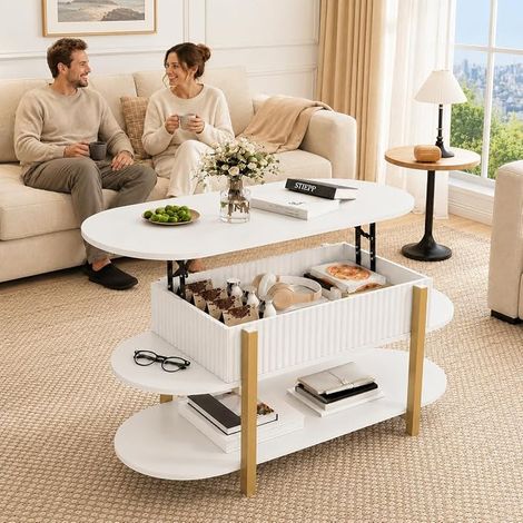 Table de Salon Modernes avec Plateau Relevable, 106×45×50cm Table Basse Relevable avec Rangement Caché et Compartiments Ouverts Table de Salon pour Salon, Chambre -Blanc