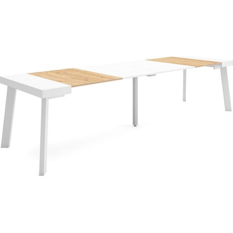 Skraut Home - Table console extensible, Console meuble, 300, Pour 14 personnes, Pieds en bois, Style moderne, Chêne et blanc (1/5)