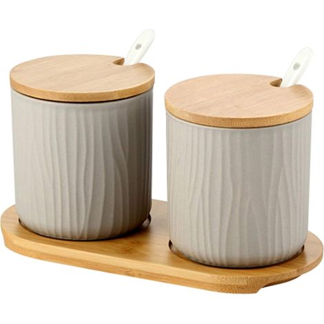 Set di 2 barattoli per spezie in ceramica, zuccheriera, zuccheriera in ceramica con cucchiaio e coperchio in bambù per tè, zucchero, sale, spezie, per la casa e la cucina (1/5)