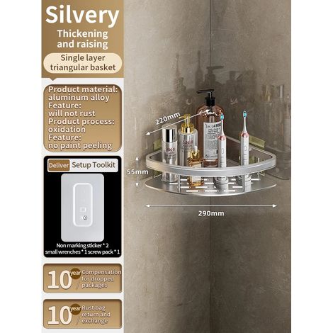 Étagère de rangement (triangle argenté) pour salle de bain, étagère d'angle murale sans perçage, support pour étagère de douche (1/5)