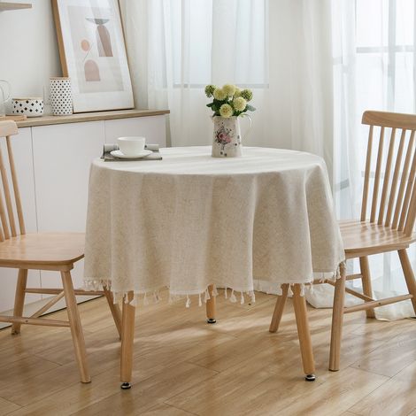 Mantel redondo de algodón y lino beige resistente a las manchas, lavable, con flecos, ideal para mesa de comedor y cocina, 150 cm. (1/5)
