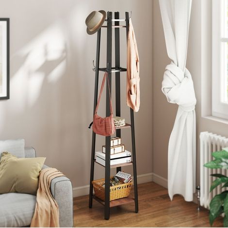 Portemanteau sur pied 34,8x34,8x179 cm en métal et panneaux de bois marron, gain de place FloraGrace (1/5)