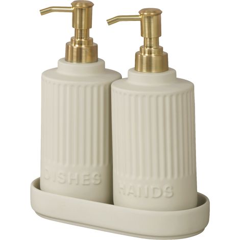 WENKO Distributeur de savon et de liquide vaisselle Heidi - Surface soft-touch Capacité: 0.55 l, Céramique, 19 x 21 x 10 cm, Crème