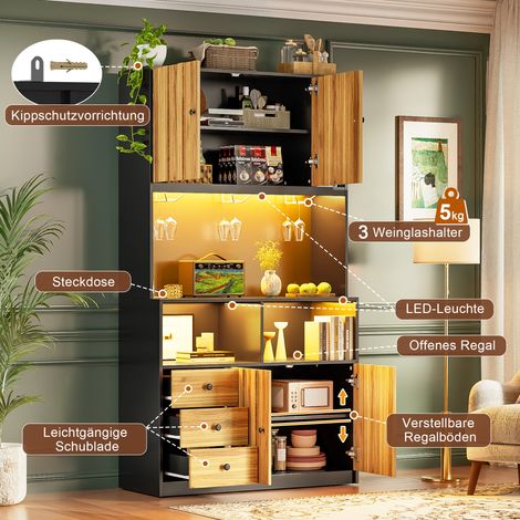 Meuble de cuisine 180 cm, armoire haute avec éclairage LED, étagère de cuisine avec prise électrique, rangement à vin et vitrine pour cuisine et salle à manger (1/5)