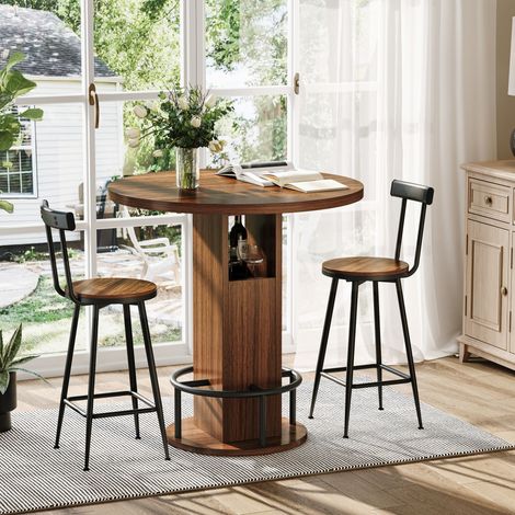 Ensemble table de bar 3 pièces : table ronde 31,5 pouces en bois couleur noyer avec 2 tabourets, repose-pieds en métal, pour cuisine, café, bar et salon. (1/5)
