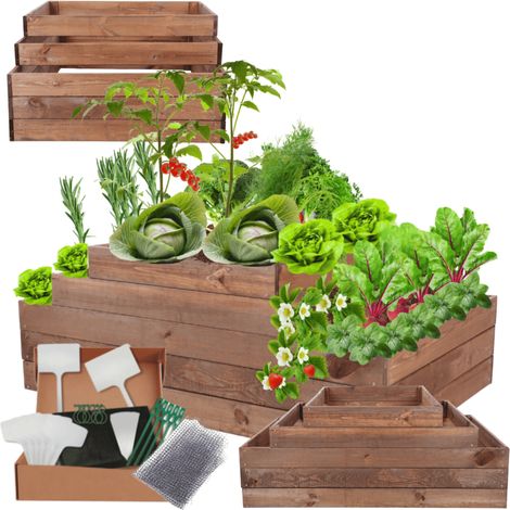 MODO24 ZP09 Carré potager surélevé en escalier modulable, bois de pin, herbes/légumes, jardin/terrasse/balcon, 45x117x80 cm, marron (1/5)