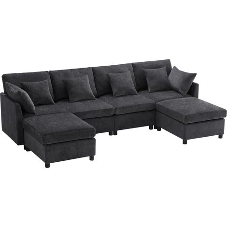 Sofá modular de chenilla gris convertible en U y L con 2 pufs y 6 cojines HOMVRA (1/5)