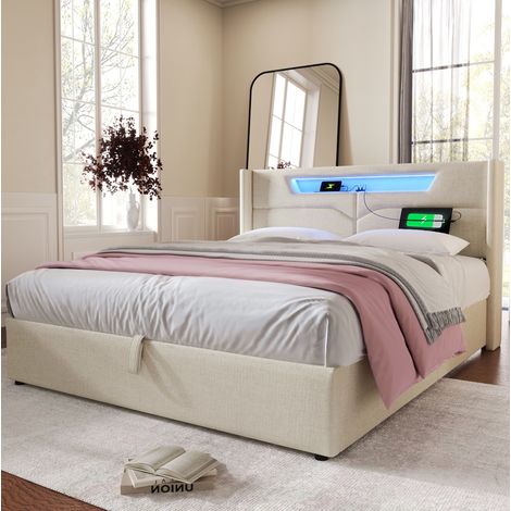 Bett Doppelbett Bettgestell Stauraum 140x200 Leinen OKMYHOME (1/5)
