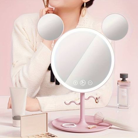 Simpatico specchio per il trucco a LED con orecchie da topo, porta gioielli e supporto, specchio da tavolo, specchio cosmetico con illuminazione a 3 colori, ideale per la cura quotidiana della pelle e