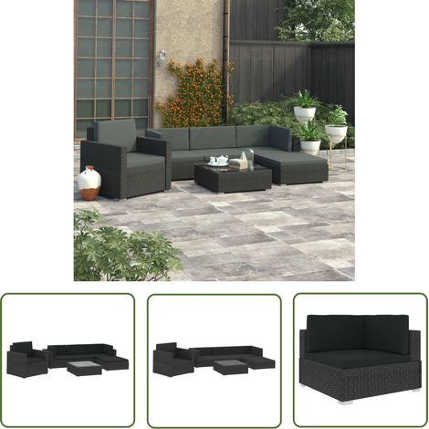 The Living Store Salon de jardin 6 pcs avec coussins résine tressée noir - Salon De Jardin - Mobilier De Jardin - Salon Extérieur - Set De Jardin - Canapé Rotin (1/5)