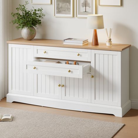 Buffet Bas avec 4 Portes Rainurées, 2 Tiroirs et Étagères Réglables en Hauteur, Meuble de Rangement pour Salon et Salle à Manger, MDF - Blanc (1/5)