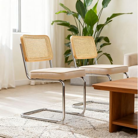 REDOM - Juego de 4 sillas de comedor de tela y ratán beige, diseño moderno, apilables, patas de cromo (1/5)