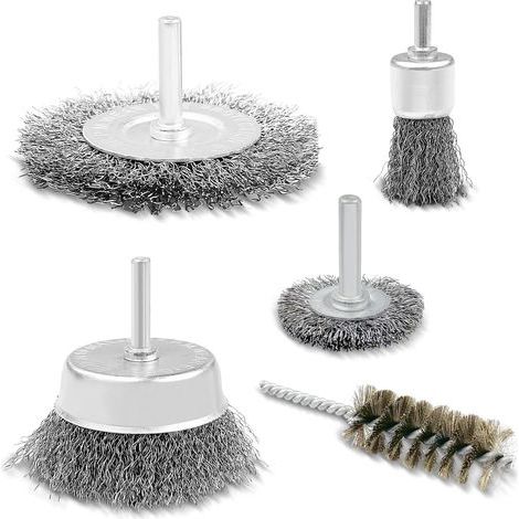 Lot de 5 Brosses Métalliques, Brosse Metallique pour Perceuse Queue de 6 mm, Meuleuse pour Visseuse Perceuse à Nettoyer Bois en Métal pour L'Élimination de la Peinture/Corrosion/Rouille (1/5)