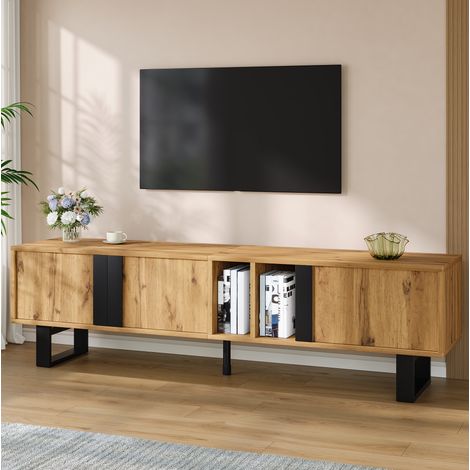 Mobile TV basso 160x40x50 cm con 3 ante, ripiani a giorno e sistema di gestione cavi, stile industriale, legno naturale (1/5)