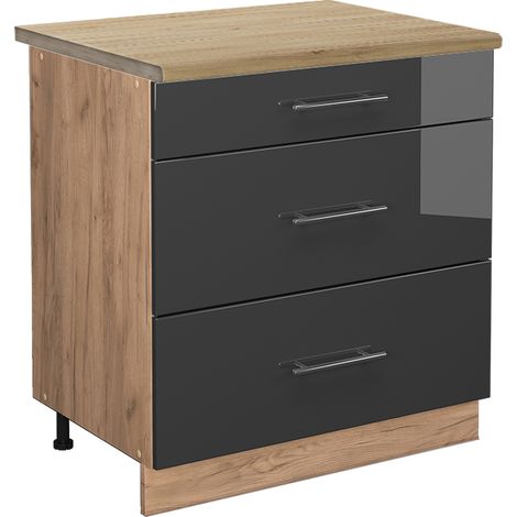 Mueble bajo de cocina Fame-Line, Antracita alto brillo, 80 cm con 3 cajones, ET Roble, Vicco