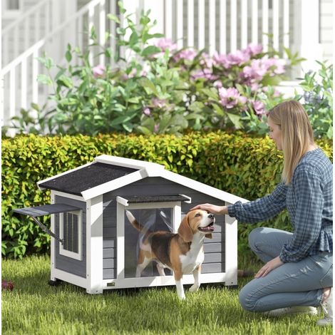 Niche pour chien en bois grise 98 x 76 x 69,5 cm avec toit en bitume (1/4)