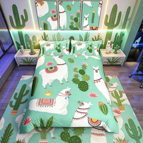 Parure de lit lama mignonne pour filles garçons enfants dessin animé lama alpaga literie et lin exotique cactus housse de couette bohème parure de lit double 3 pièces (1/3)