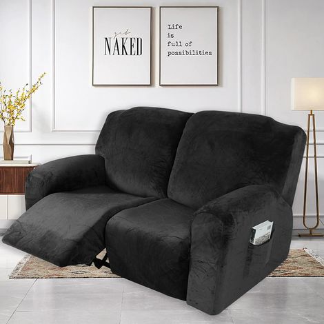 Reclining sofa cover, in stretch velvet, reclining sofa cover for 1/2/3 seater sofas, thick furniture cover, soft, washable with pocket for reclining sofa (black, 2 seater) (1/5)