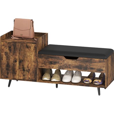 Banc à chaussures industriel avec assise rembourrée, compartiment caché, étagères et portes, 127 x 35 x 59 cm, marron rustique (1/5)