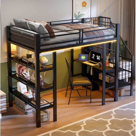 DESVIAE Lit mezzanine 90 x 200 cm avec bureau étagère 3 niveaux armoire intégrée LED prise escalier réversible métal noir (1/5)