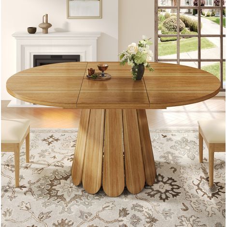 Table à manger extensible MDF et métal marron 118-158x118x76,8 cm, ronde à ovale, jusqu’à 6 personnes (1/5)