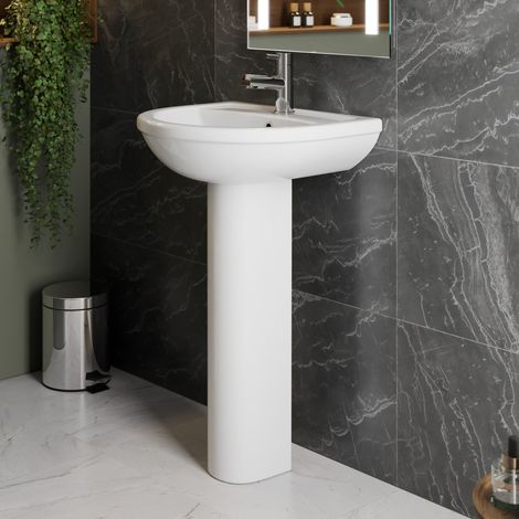 Wash Basin Sink & Full Pedestal Bathroom Floor Standing 1 Tap Hole Curved White (1/3)