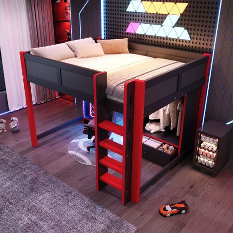 Cama altillo de 140x200 cm - con LED, escritorio, armario, estantes, cajón y escalera - negro y rojo - de pino - sin colchón (1/5)